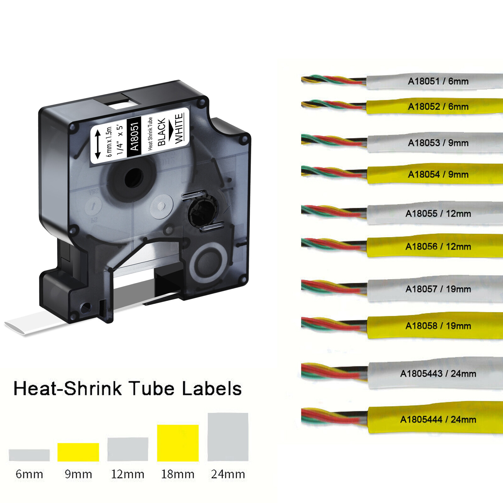 IND Heat-Shrink Tube Tubing for Dymo Black on White / Yellow 9/12/19/24mm