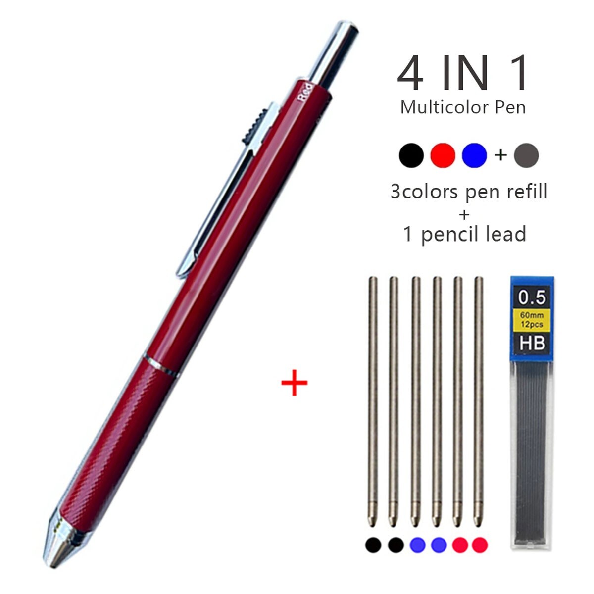 4 in 1 Multicolor Ballpoint Pen & 0.5mm Mechanical Pencil, Red, +Bonus Refills