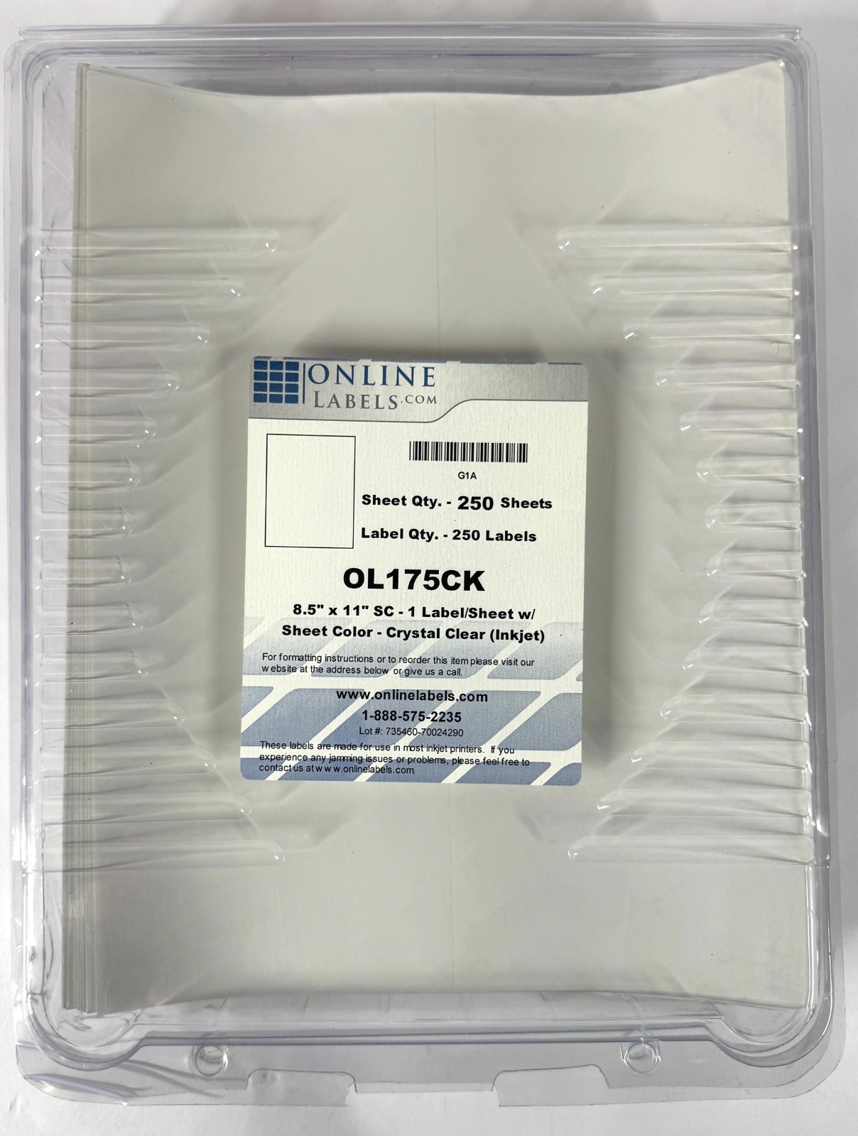 Online Labels OL175CK 8.5″ x 11″ Full Single 1 Sheet Crystal Clear Inkjet 250 ct