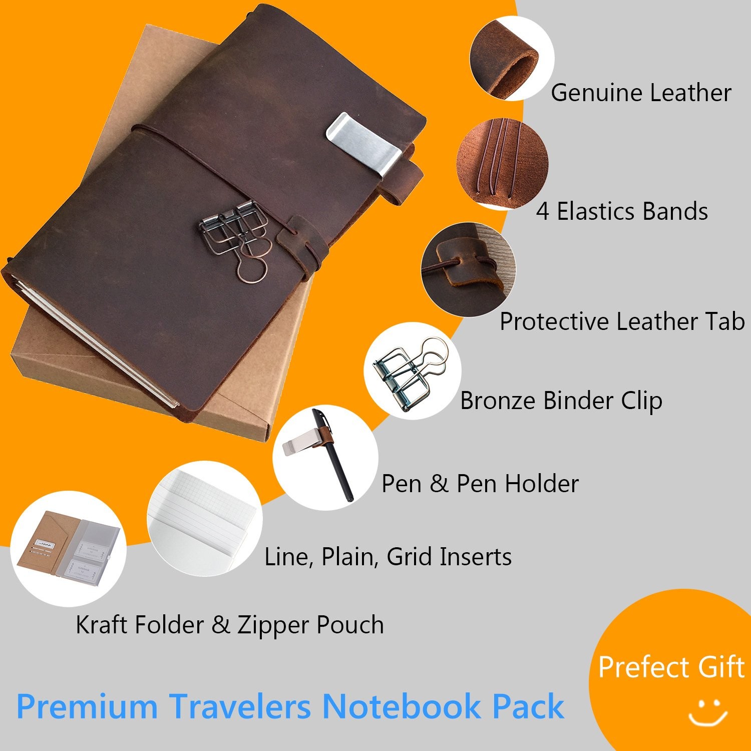 Refillable Leather Journal Travelers Notebook – 8.5 x 4.5 Travel Diary with 5…