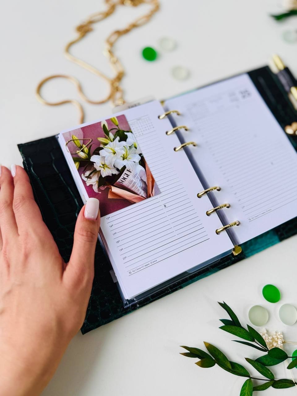 Green A6 leather notebook cover binder 6-Rings. Dated 2026 planner gift for her.