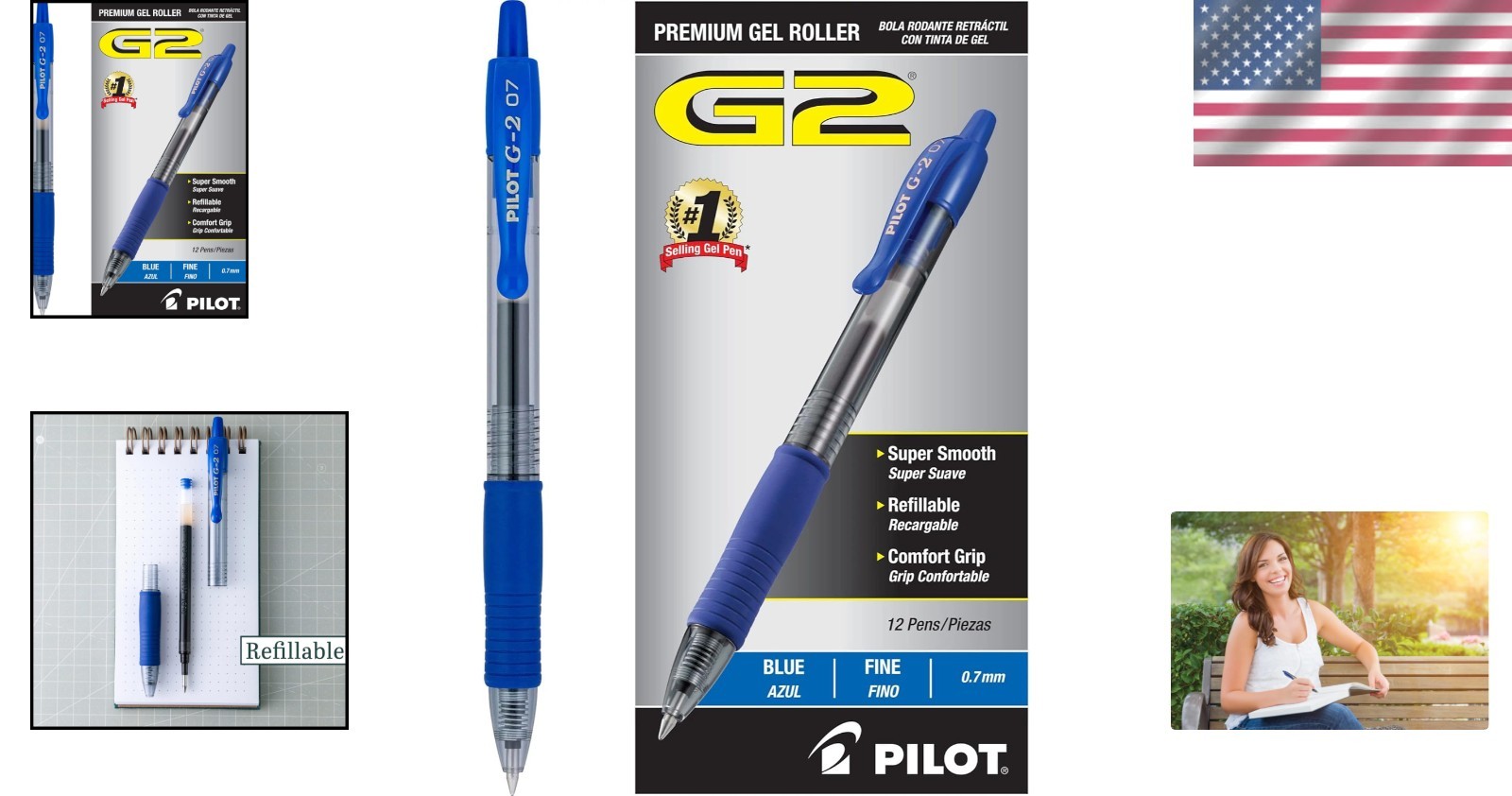 G2 Refillable Gel Roller Pens, Fine Point .7mm, Pack of 12 – Blue Ink