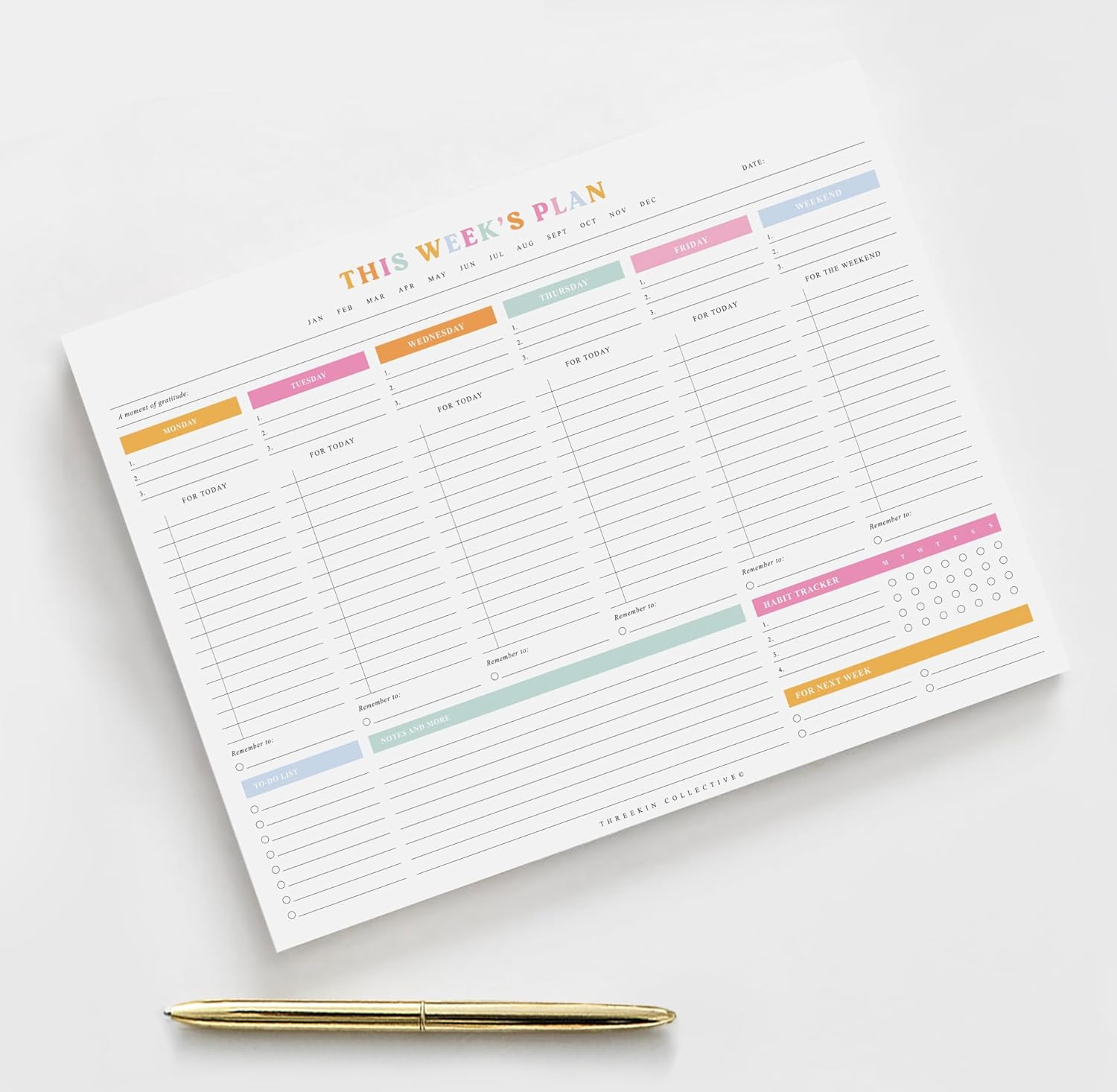 ThreeKin Weekly Planner – Premium 52-Sheet Tear-Off Notepad, 8.5 x 11 inches, Cl