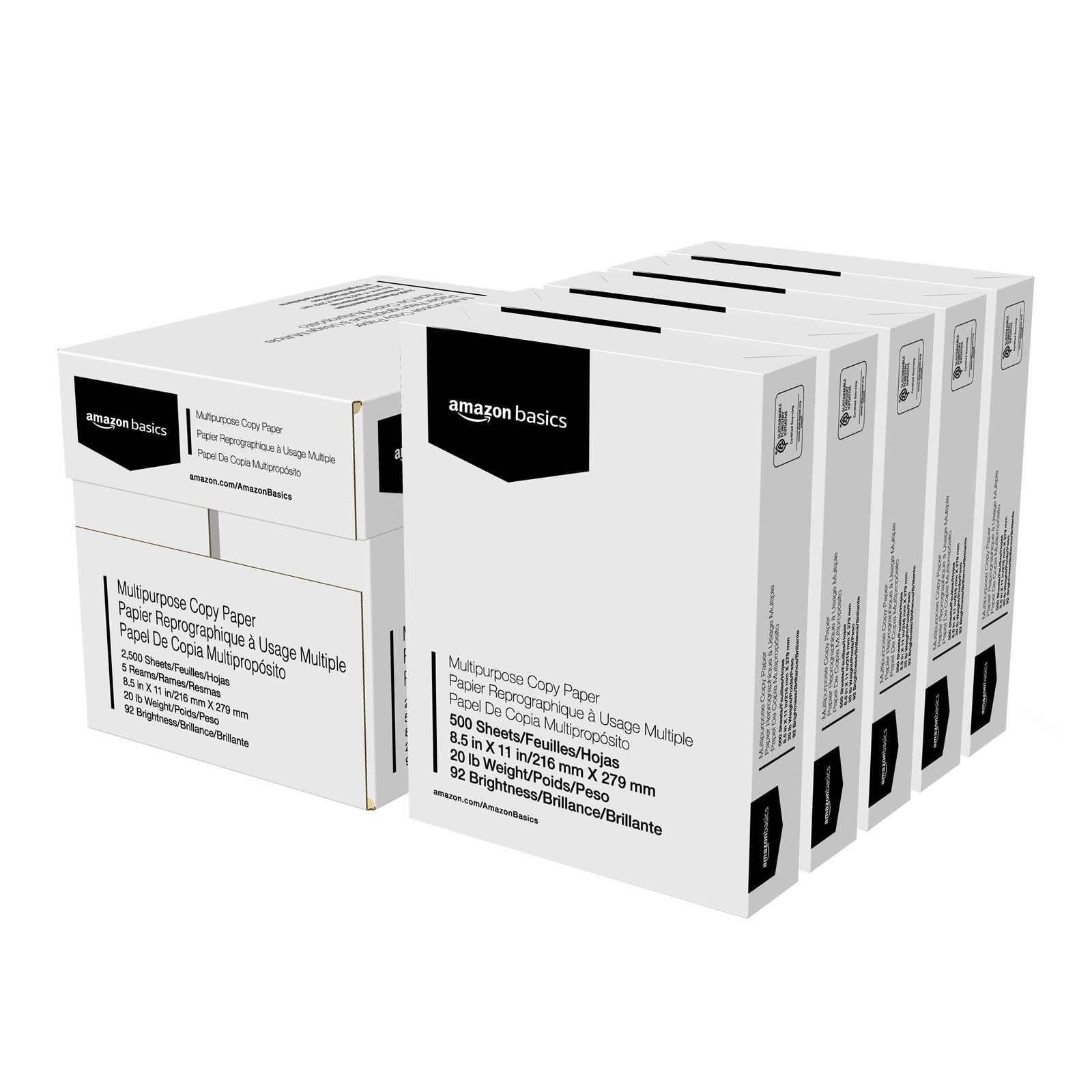 Amazon Basics Multipurpose Copy Printer Paper, 5 Reams | 2500 Sheets, White
