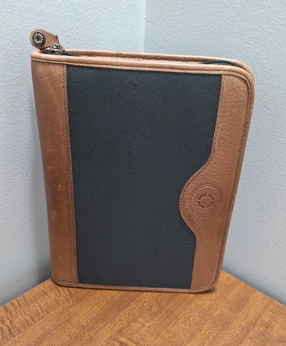 Vtg Franklin Covey Planner Dark Green Canvas Tan Leather Trim 8×10 Zip Around