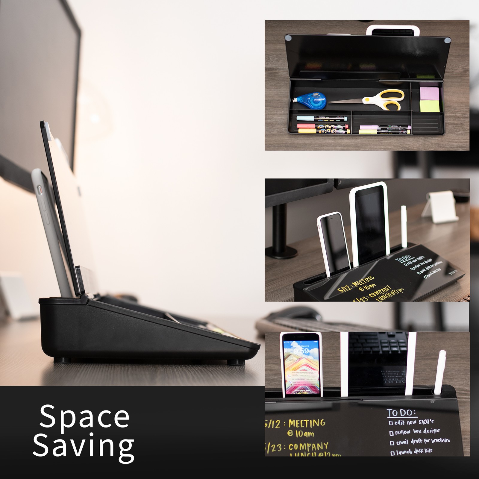 VIVO Black Desktop Dry Erase Board w/ Hidden Storage, 16″ x 7″ Glass Whiteboard
