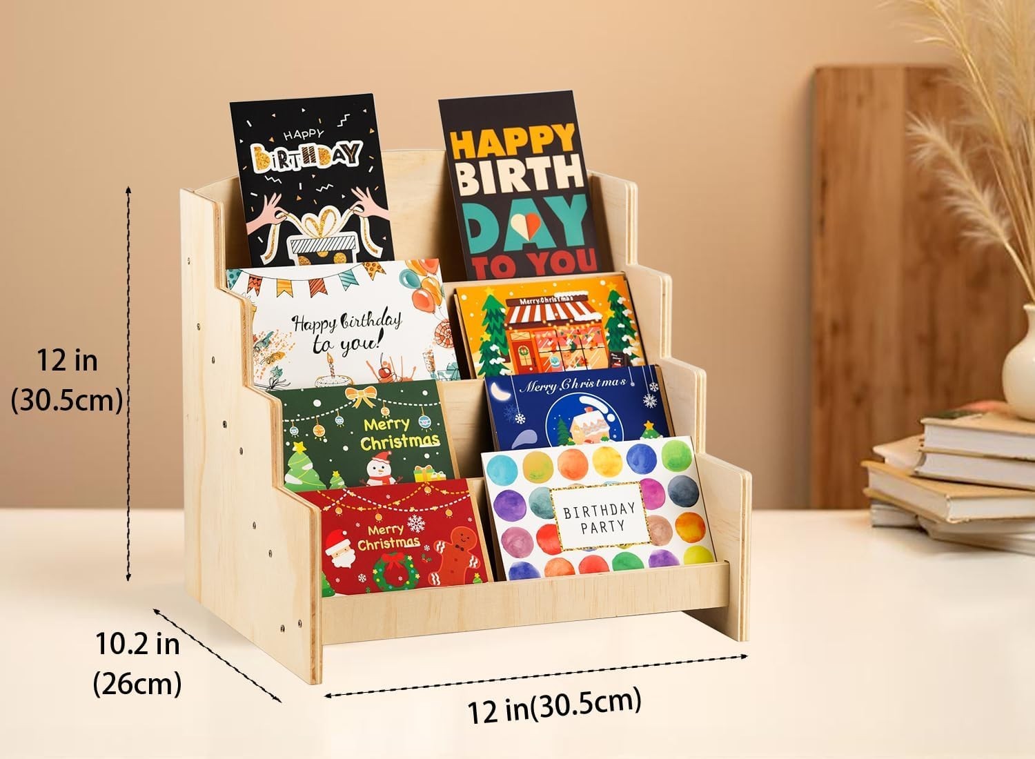 Greeting Card Display Stand Holder, 4-Tier Wooden Organizer Rack for Retail S…