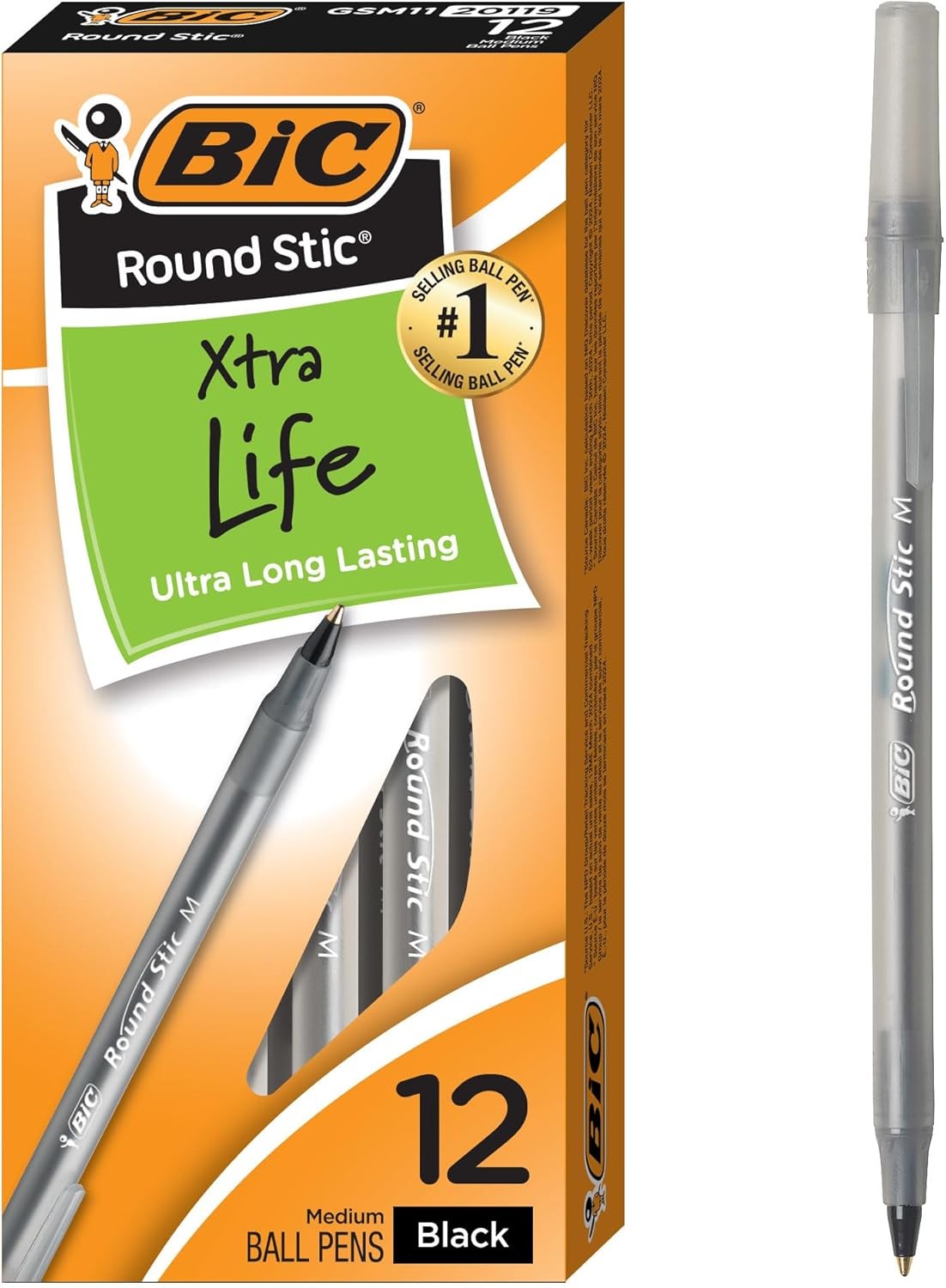 Bic Round Stic Xtra Life Ballpoint Pen, Medium Point (1.0Mm), Black, 12-Count