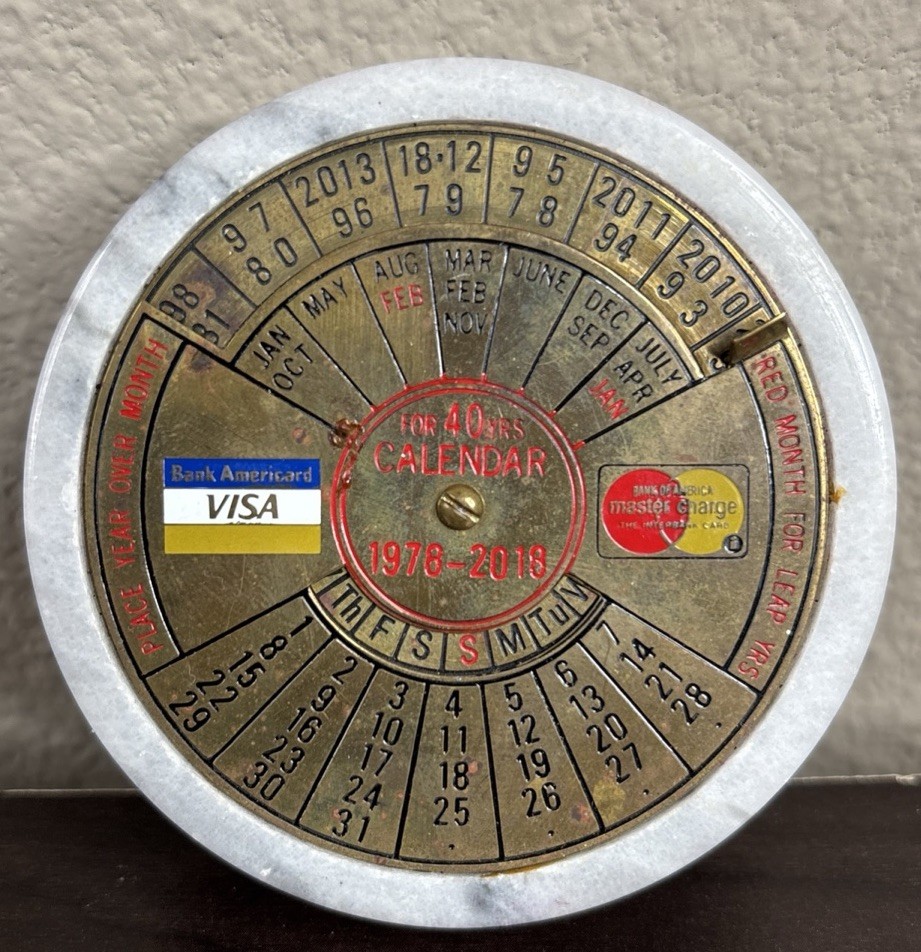 Vtg. 3″ For 40 Years Calendar 1978-2018 White Marble & Brass Office Desk Decor