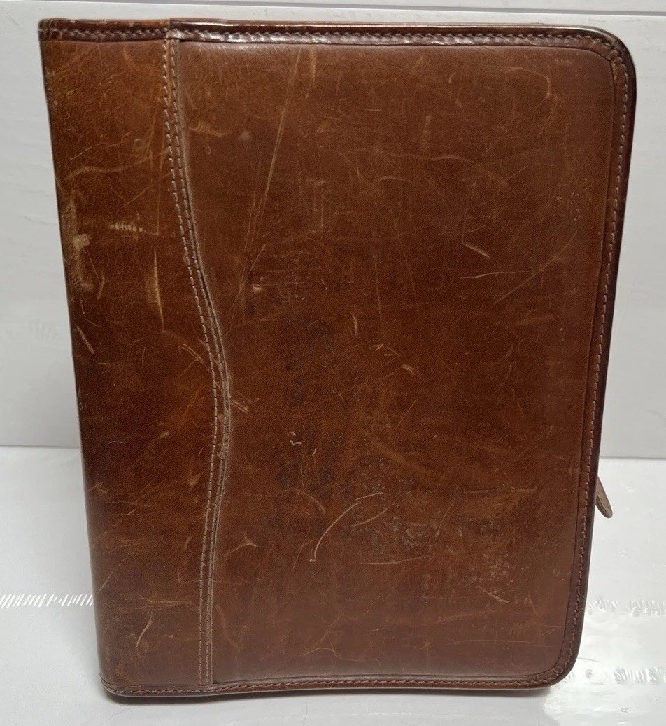 Vintage Day Timer Planner Brown Genuine Leather Organizer Binder Zip 7 Rings