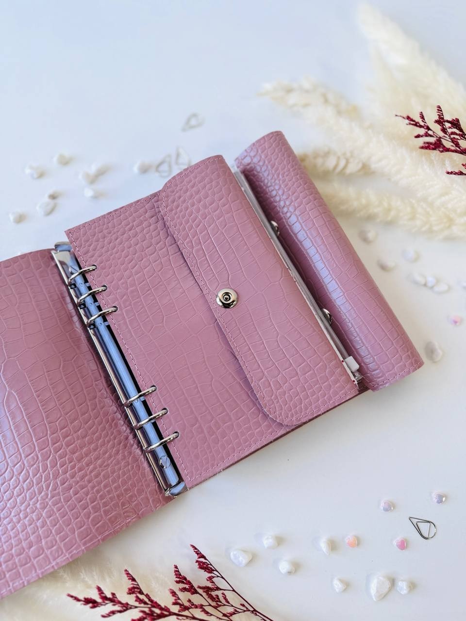 Pink Leather notebook cover A5 big binder 6 rings. Leather planner binder A5.
