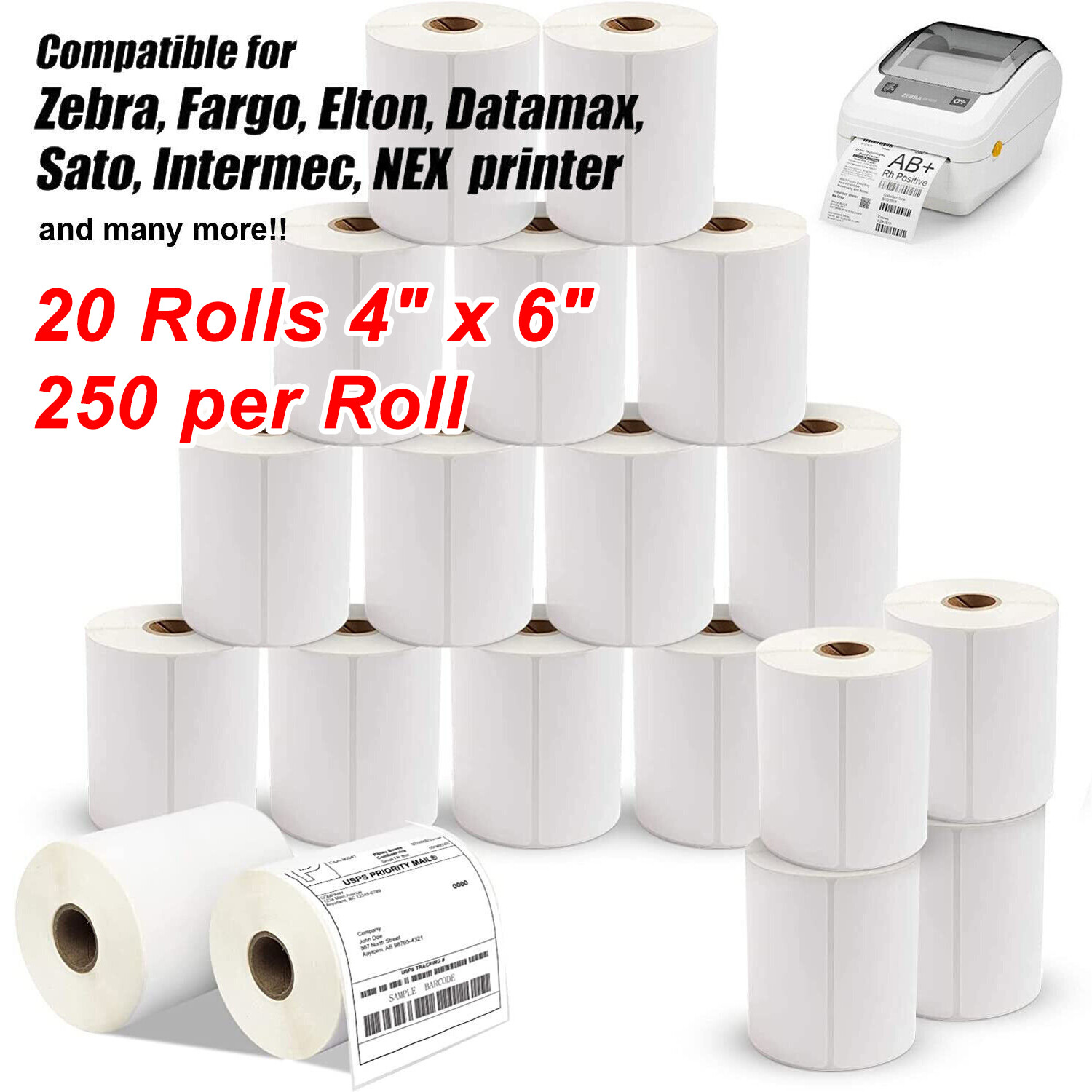 20 Rolls 4″ x 6″ Direct Thermal Shipping Labels 250 per Roll for Zebra & Rollo