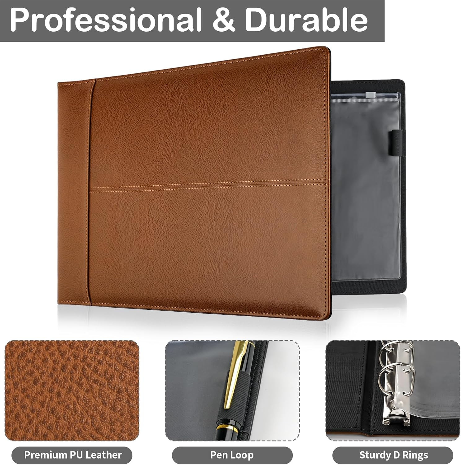 PU Leather Business Checkbook Binder 7 Ring Organizer 600 Check Capacity Brown