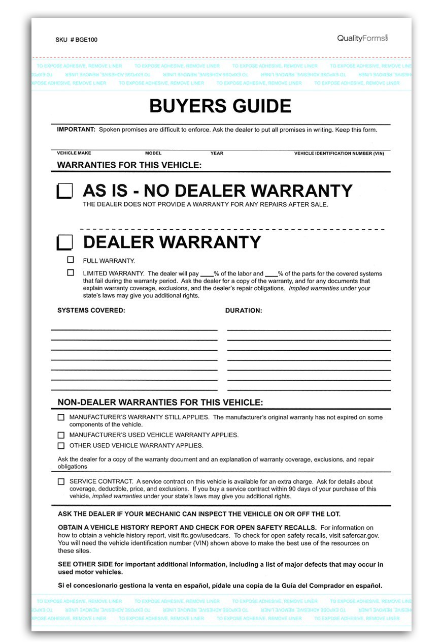 2-Part Federal Buyers Guide Waranty Form, Adhesive Tape, English – 100 pack