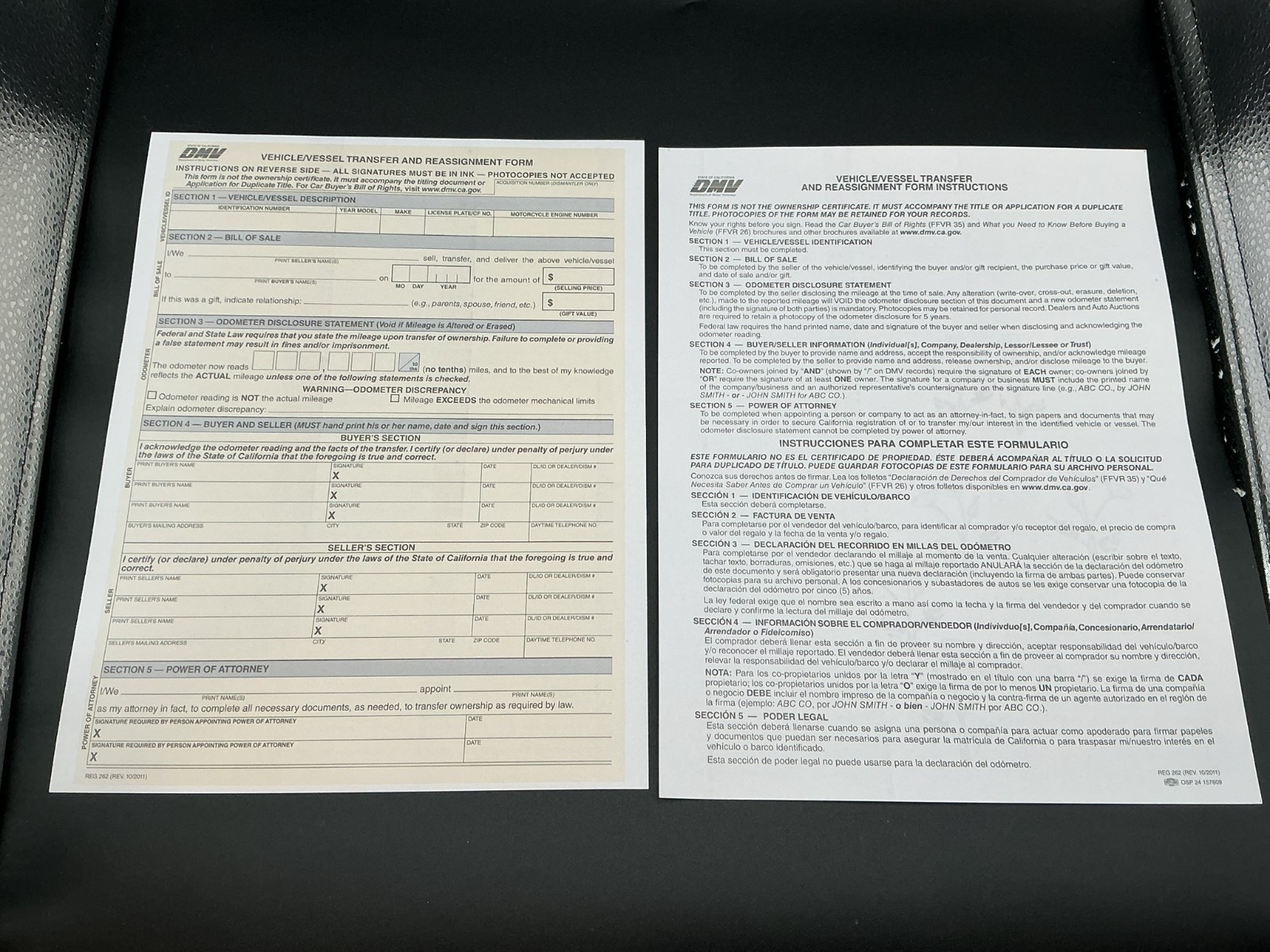 (50) California DMV REG 262 Forms Vehicle/Vessel Transfer Reassignment Original