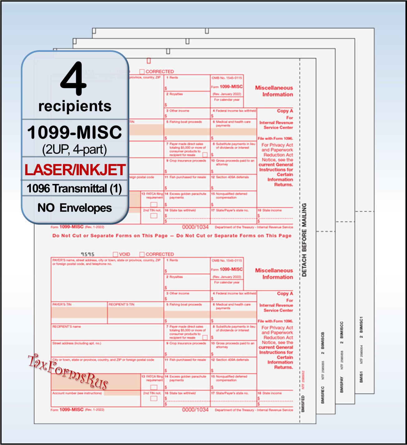 2023 IRS Tax Form 1099-MISC Laser 4 recipients+(1)1096 #MISCS405 2UP 4pt NO Env