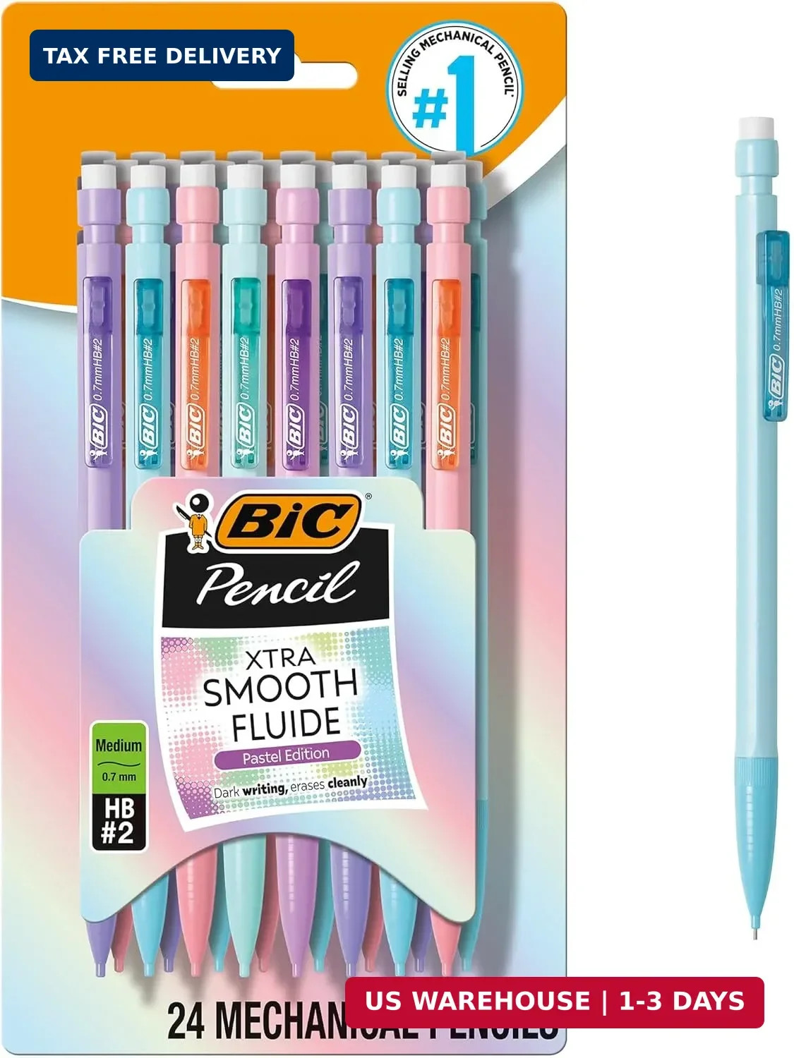 BIC Xtra-Smooth Pastel Mechanical Pencils with Erasers, Medium Point (0.7mm), 24