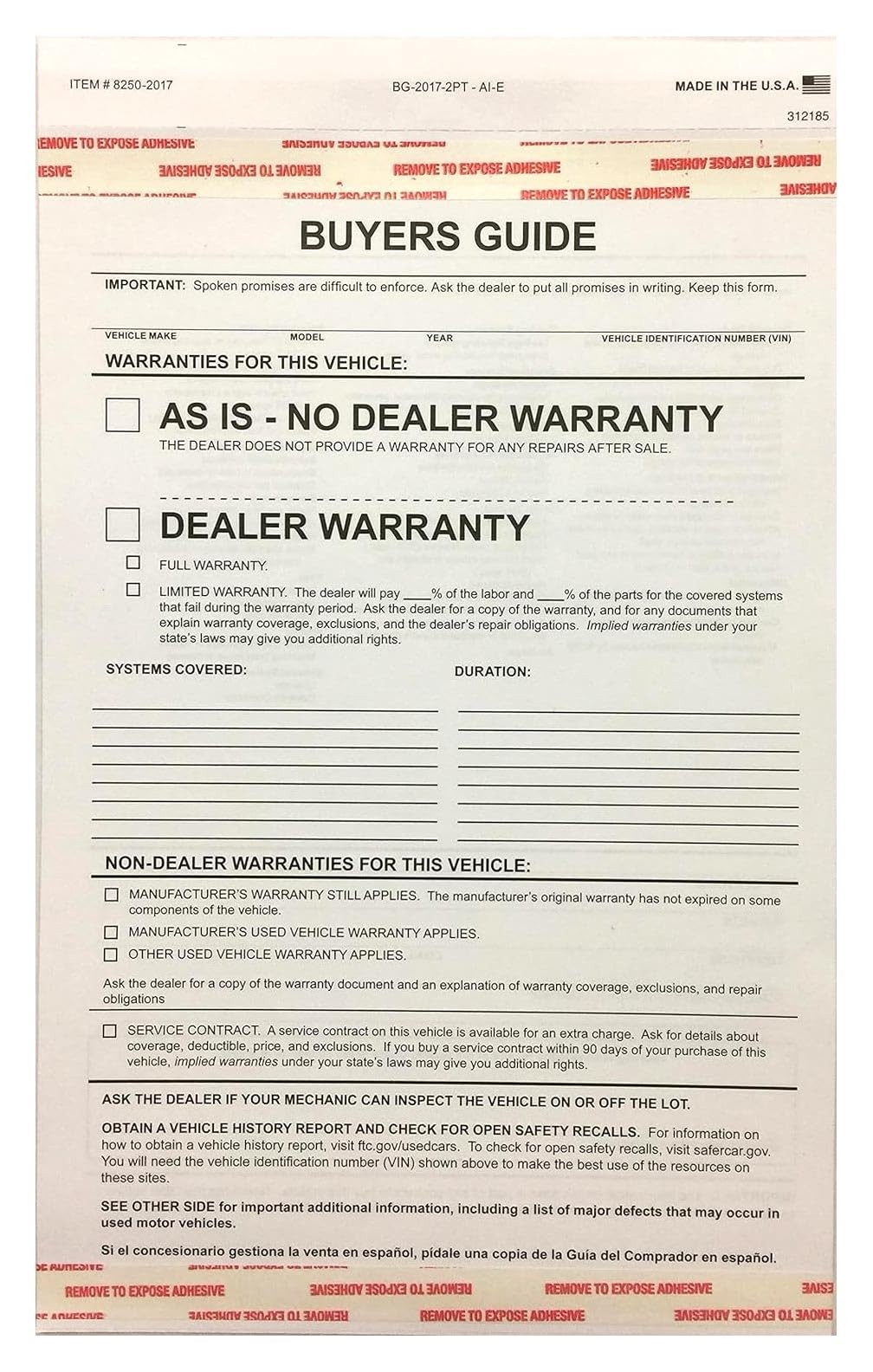 2 Part Buyers Guide Form – Adhesive Tape – English – As is – (100 per Pack) (…