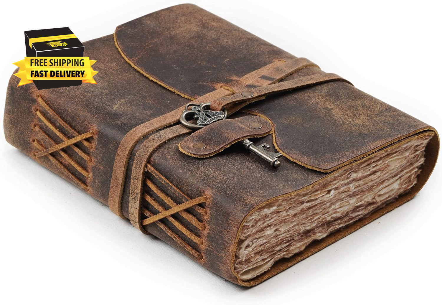 Vintage Leather Journal – 200 Handmade Vintage Deckle Edge Paper – Leather Bound