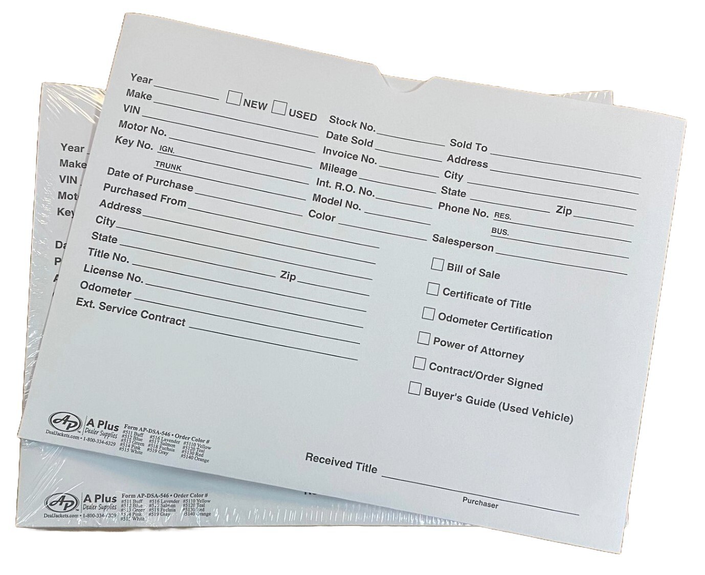 Vehicle Deal Jackets/Envelope for Auto Sales AP-DSA-546 White • Qty 100 (P6)