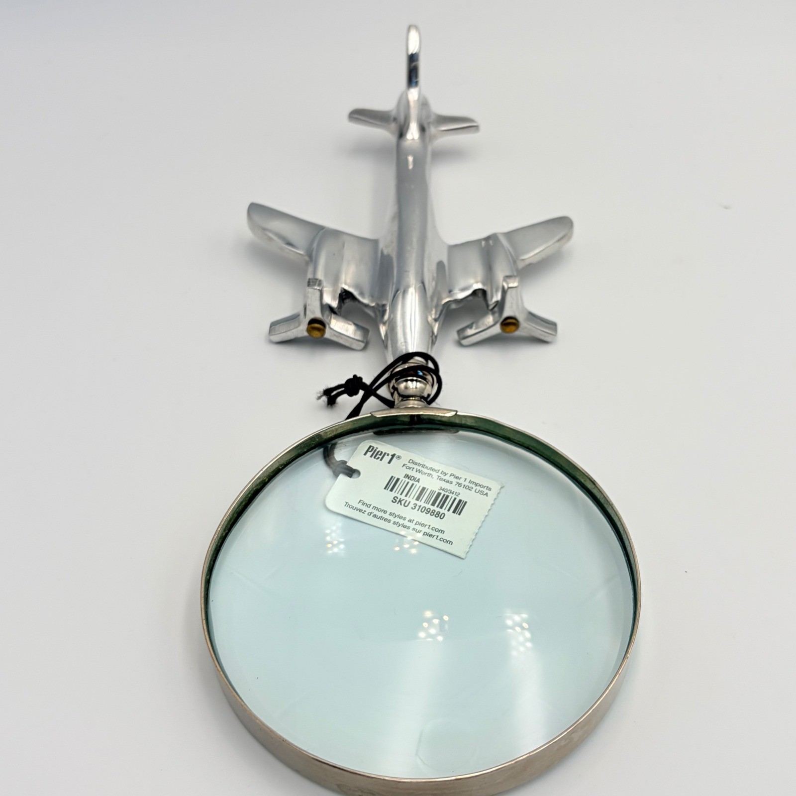 Pier 1 Silver Airplane Magnifying Glass Aviation Pilot Propeller Turns OAK Plane