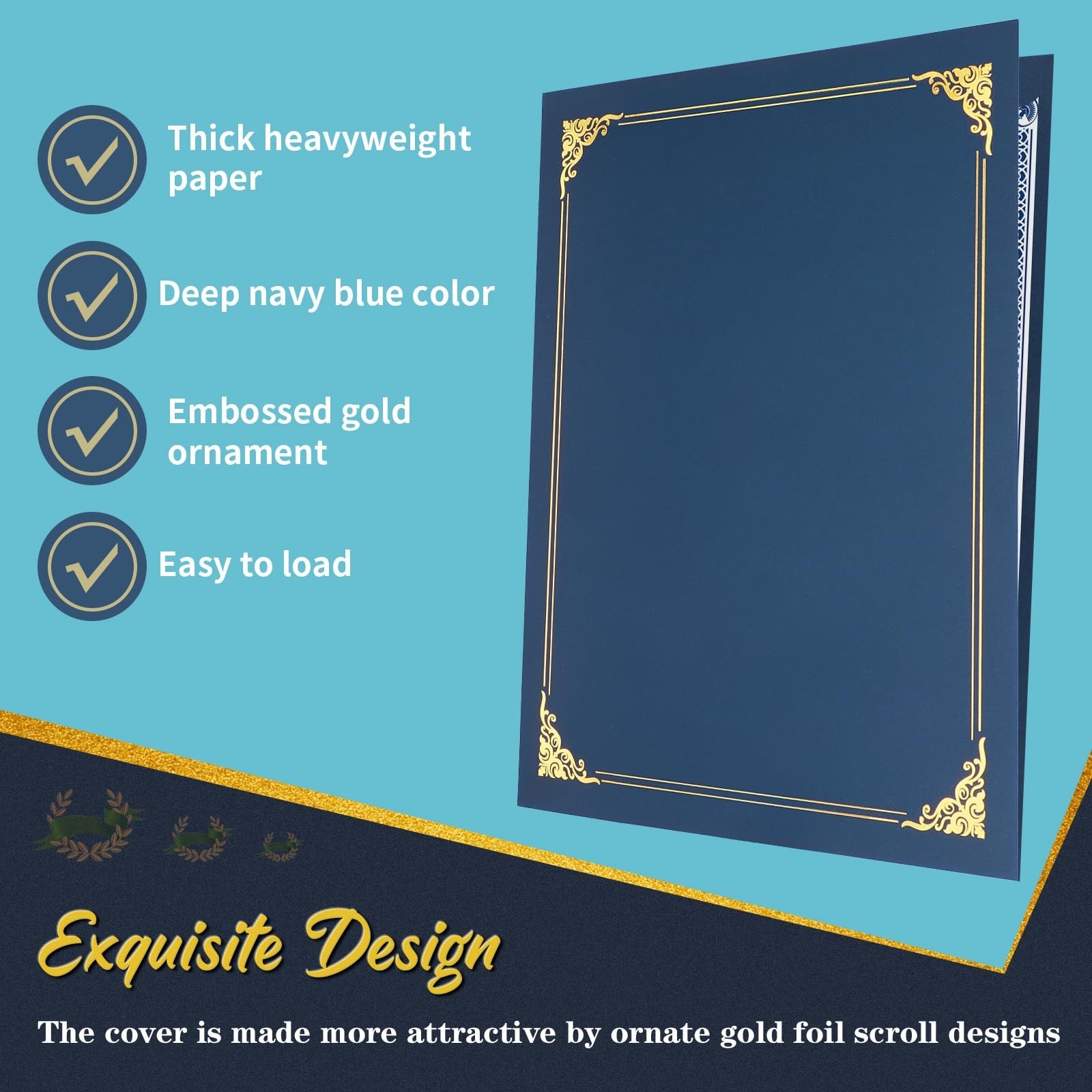 Folders 10 Pack, Navy Blue, Diploma Holders, Gold Foil Trim