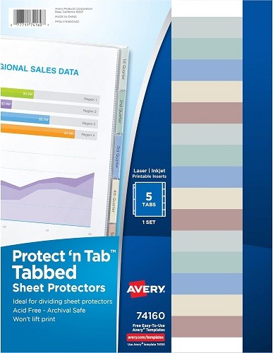 Tabbed Sheet Protectors Top Load 5-Tab Heavyweight Clear 8.5x11in 5/PK – 1EA