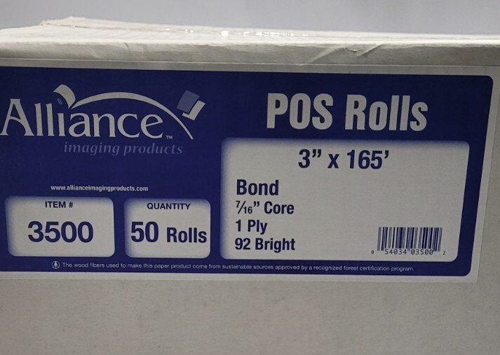Alliance Bond Paper Receipt Rolls 3″x165′ 50 Rolls 3” X 165′
