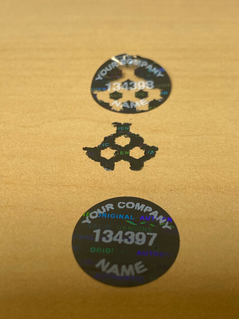 1000 CUSTOM PRINTED TAMPER EVIDENT BLACK TINT HOLOGRAM LABELS .65 INCH ROUND