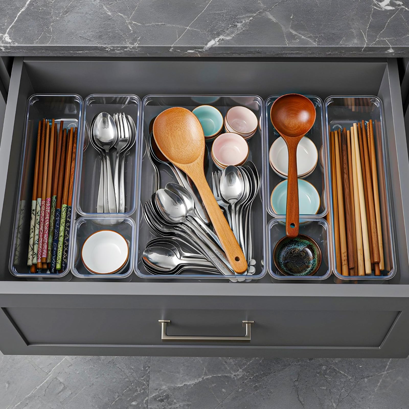 16 Pack Plastic Drawer Organizers Set, 5-Size Kitchen and 6 Pack, Clear