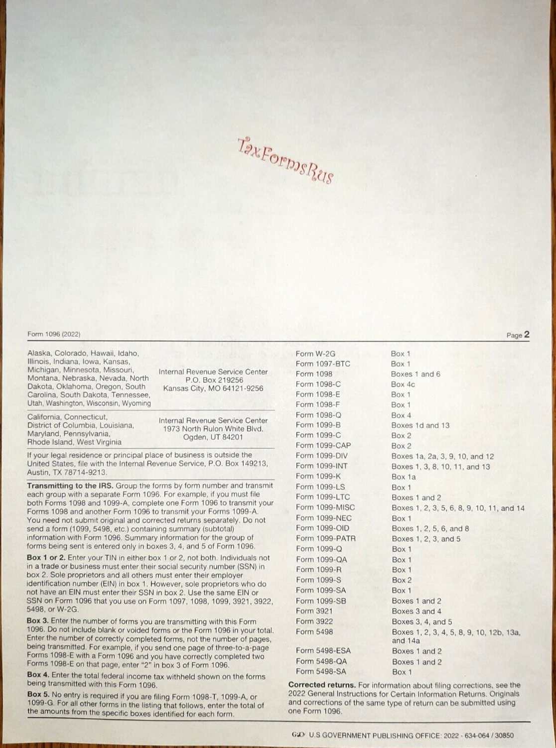 2022 IRS Tax Form 1096 Annual Summary and Transmittal ONLY (for 1099’s to IRS)