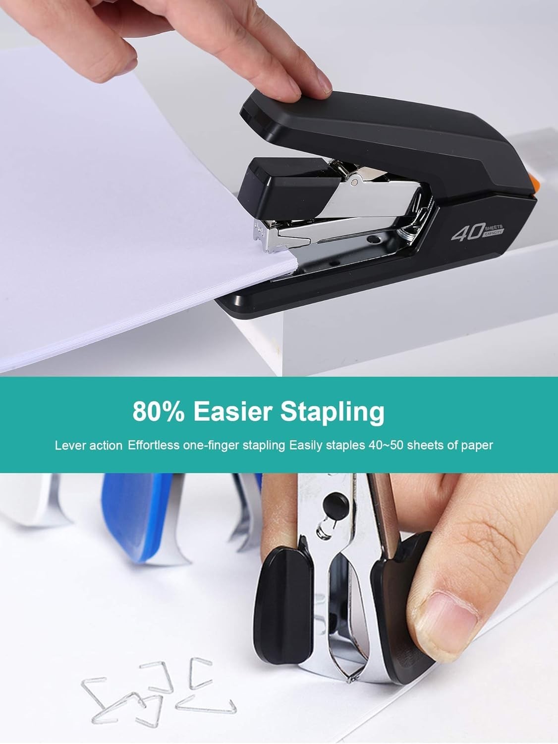 Effortless One-Finger Desktop Stapler – 40 Sheet Capacity with 1500 Staples