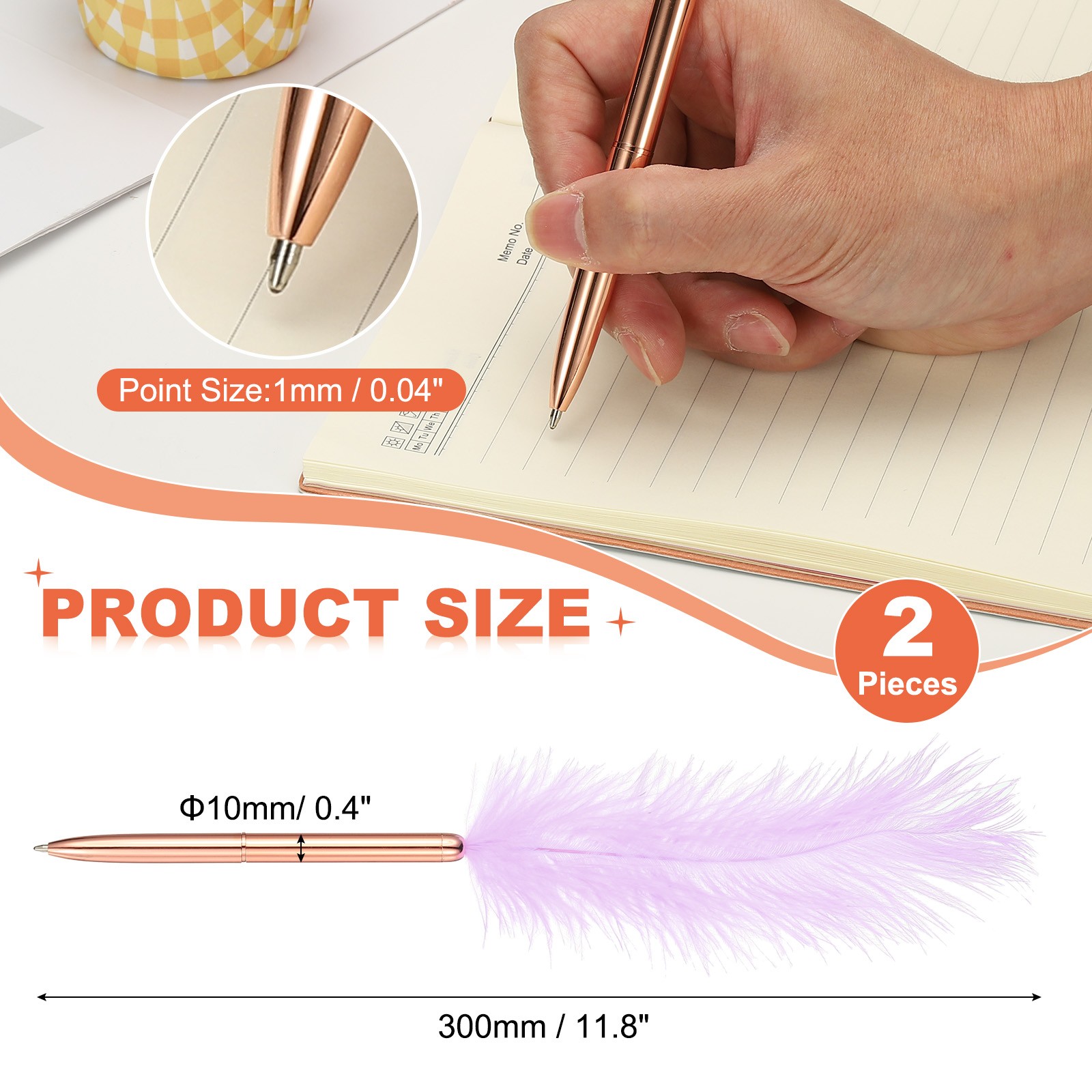 Feather Ballpoint Pens Bulk, 2Pcs Writing Pens Style 1, Purple/Rose Gold
