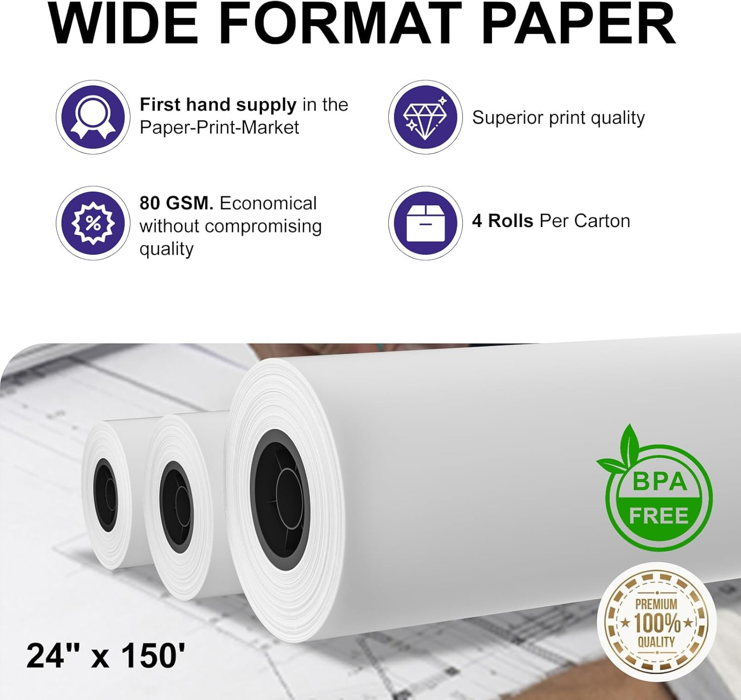 24″ X 150Ft Wide Format Paper 2″ Core, White Plotter Paper CAD Bond 4 Rolls