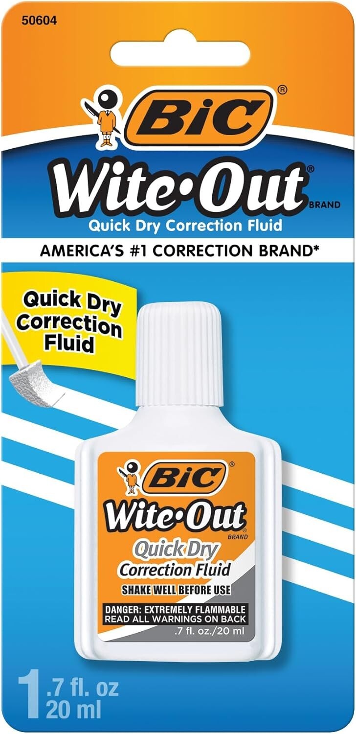 BIC Wite-Out Quick Dry Correction Fluid 20mL White Easy Application 1-Pack