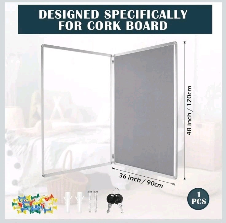 Suzile 1 Pcs Gray Enclosed Bulletin Board Lockable Cork Aluminum Case 48″x36″
