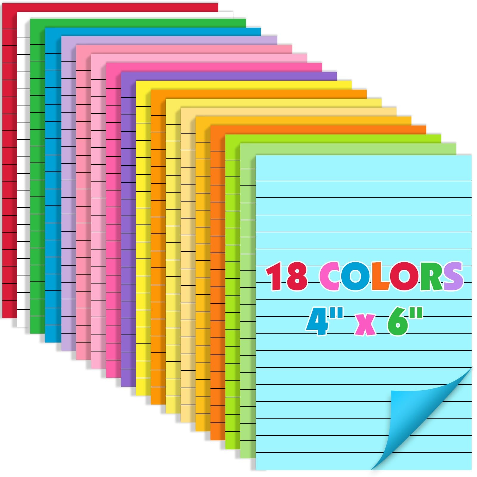 18 Pads Lined Sticky Notes, 18 Colors 4in x 6in Self Stick Note Pads, Strong …
