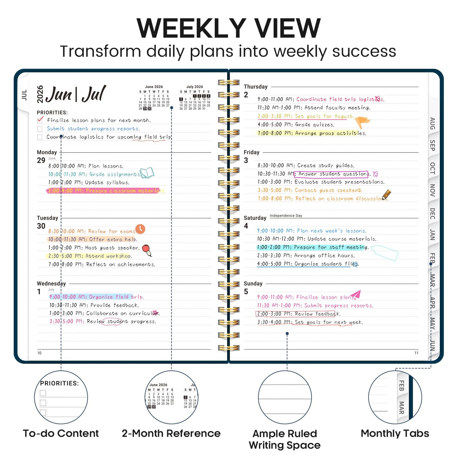 Academic Planner 2026-2027, Weekly and Monthly (6.4″x8.5″) A5, G.Navy
