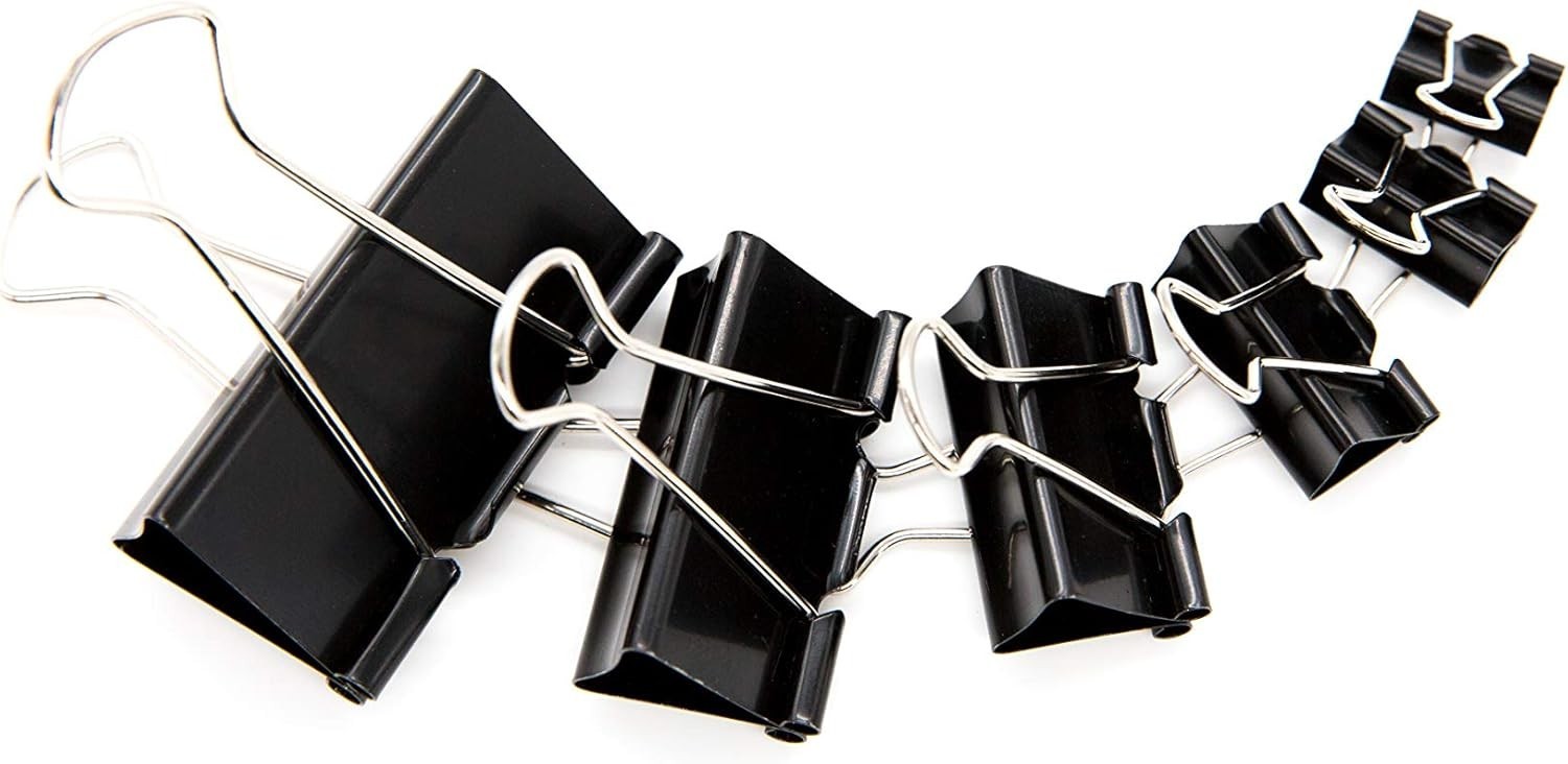 100 Count Assorted Binder Clips in 6 Sizes – Durable Tempered Steel Clamps