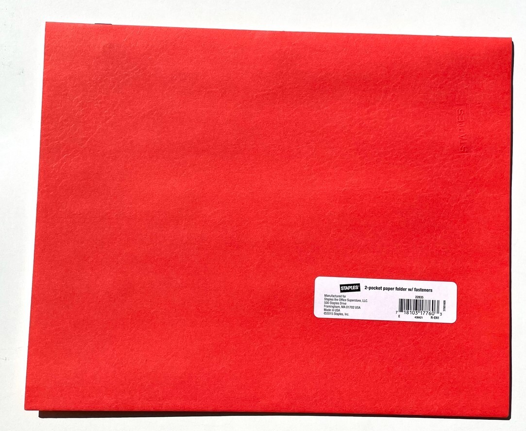 Staples 2-Pocket Paper Folder with Fasteners Red Green Blue Yellow 5-Pack