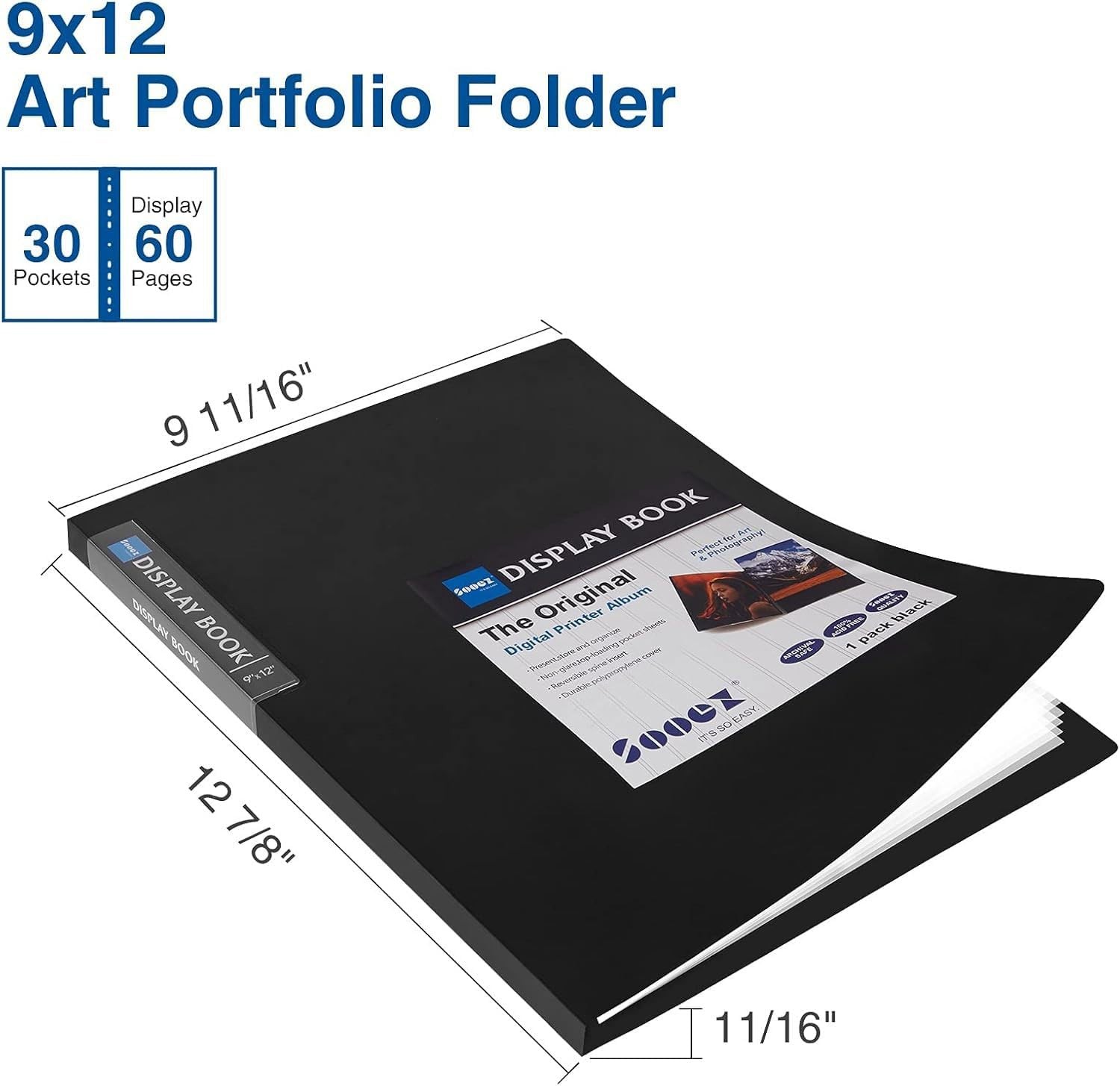 Sooez 30-Pocket Binder with Plastic Sleeves 9×12 (Black), Heavy Duty Art