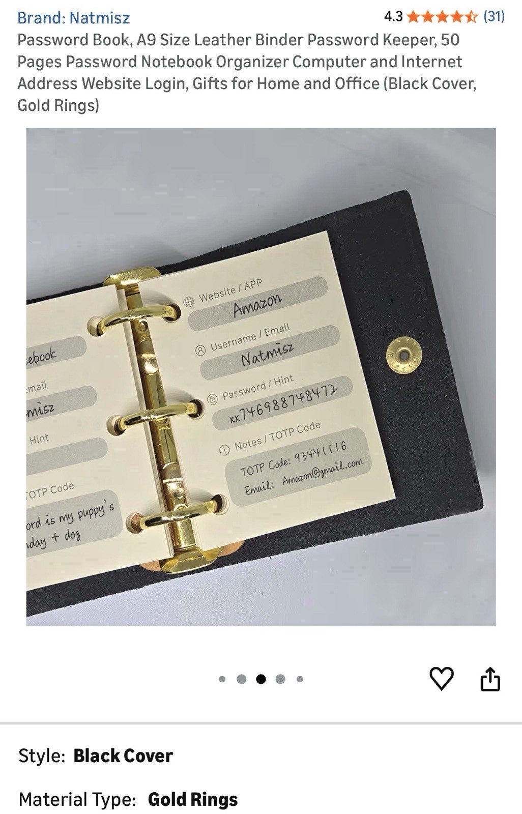 Natmisz Password Book A9 Size Leather Binder 50 Pages Password Organizer