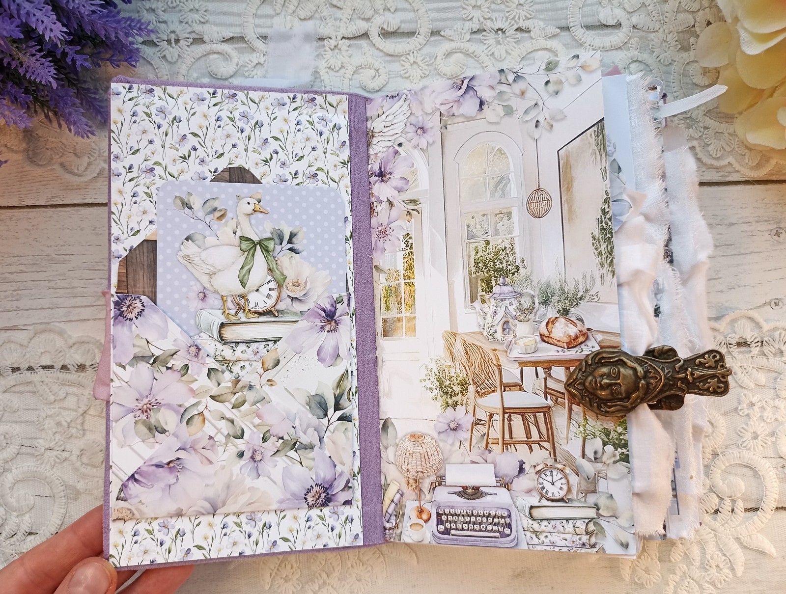 Junk Journal Handmade Lace Purple Lavender Notebook Decorated USA 8×4 in