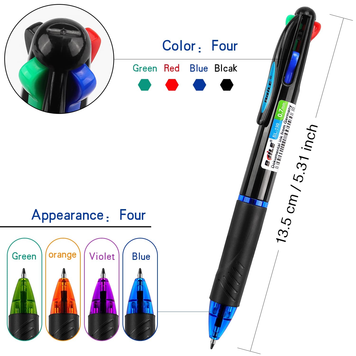 4 Pack Multicolor Ballpoint Pens 4-in-1 0.7mm Colored Retractable Ballpoint Gif