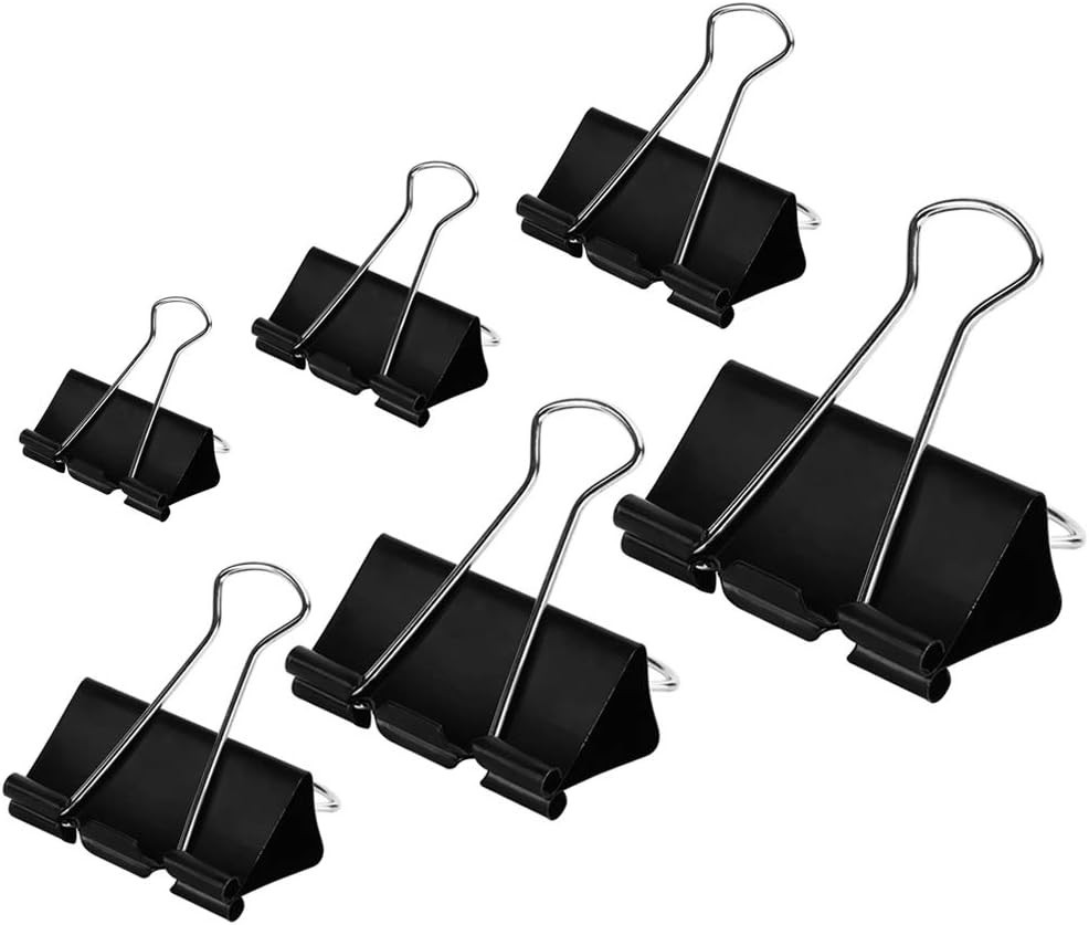 100 Count Assorted Binder Clips in 6 Sizes – Durable Tempered Steel Clamps