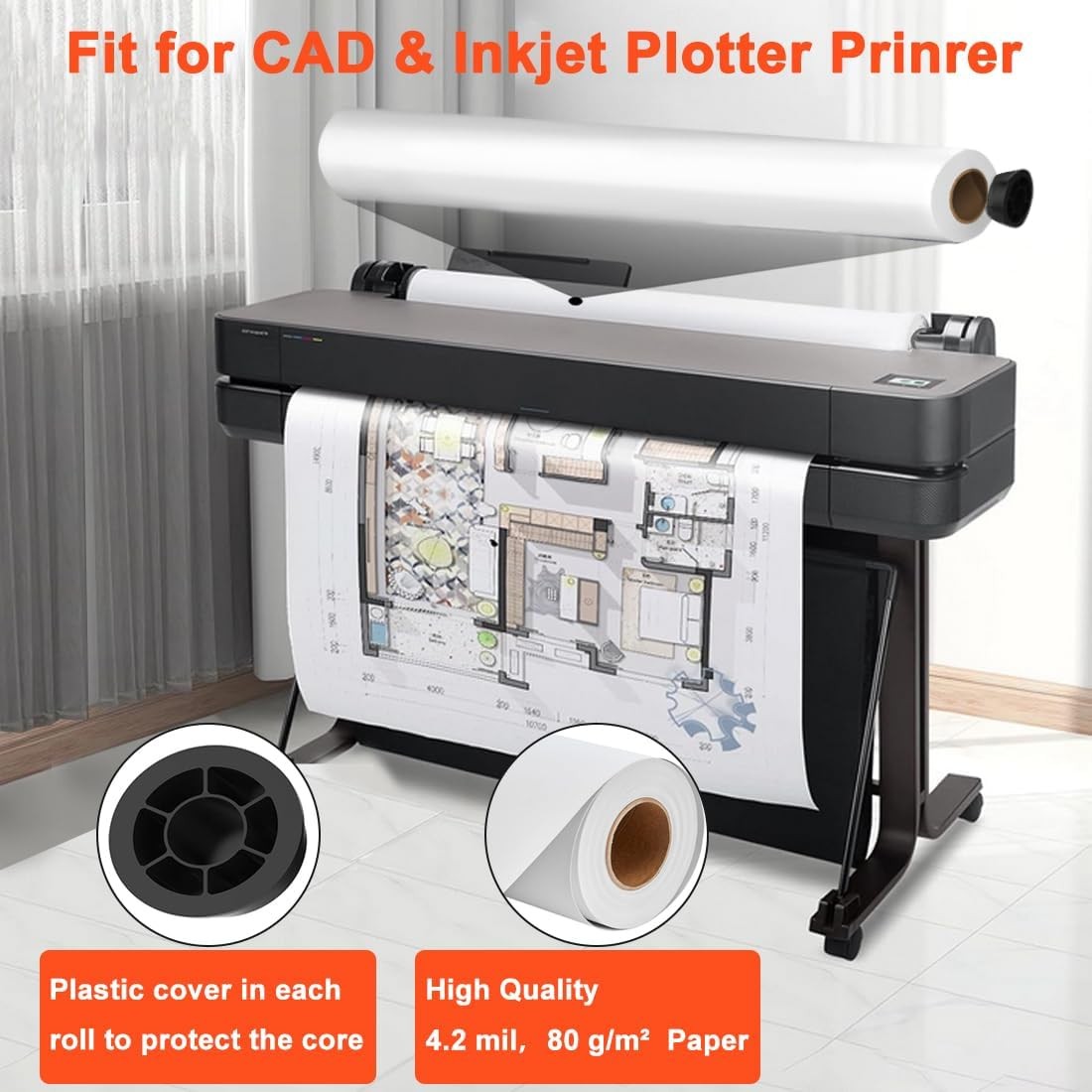 1Roll 24″x150′ Wide Format Paper Plotter Paper CAD Bond 20lb For Inkjet Printer