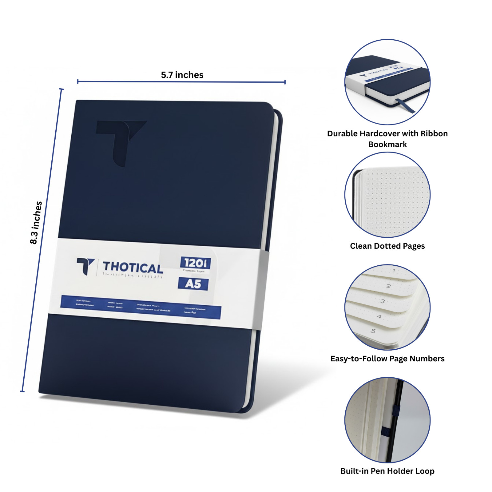 Thotical A5 Dot Grid Journal Hard Cover, Navy Blue – 192 Pages