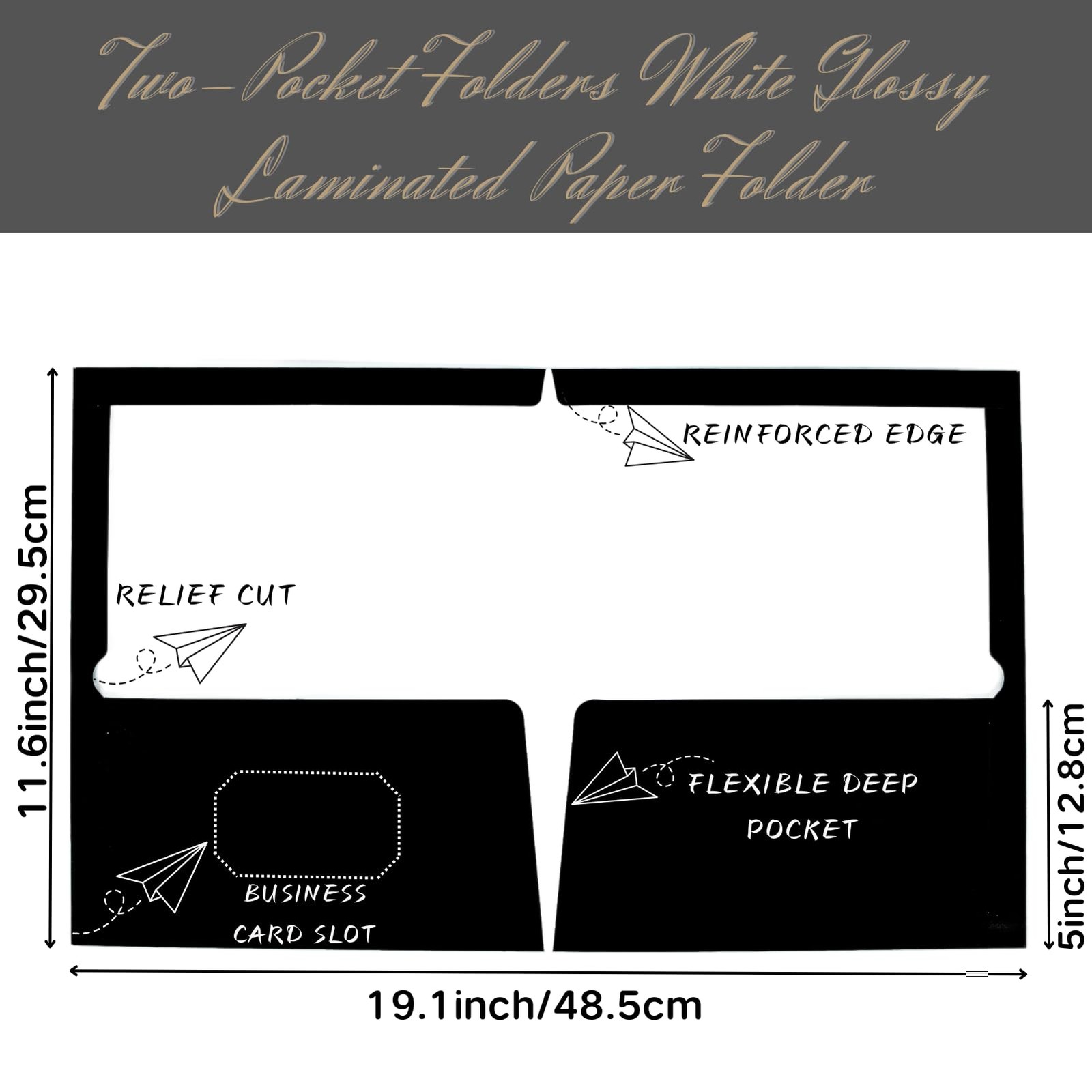 50 Box Black Two-Pocket Folders, Glossy Laminated Paper, Letter Size, Office