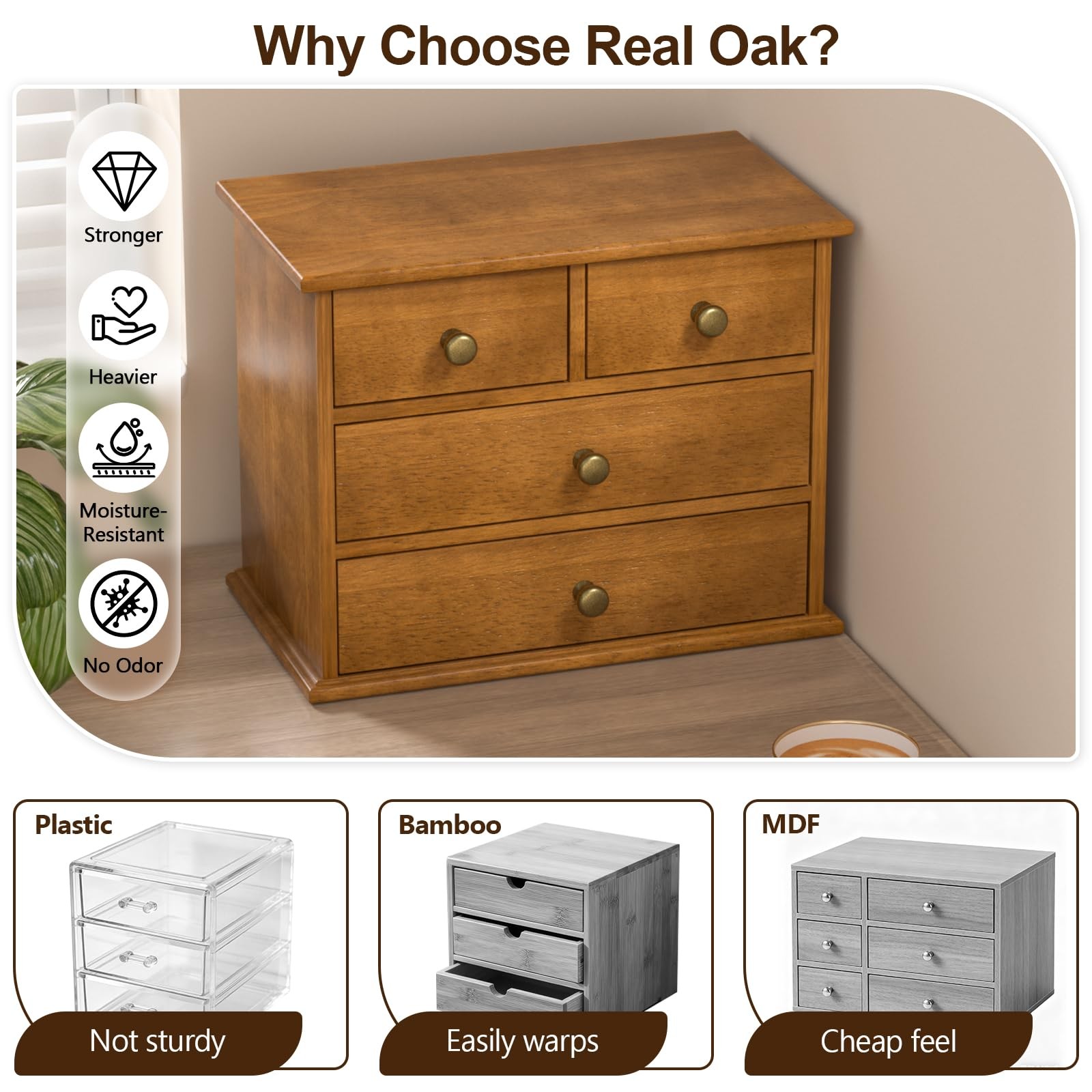 Oak Desk Organizer with Drawers, Durable Wooden Desktop Storage Box with Meta…