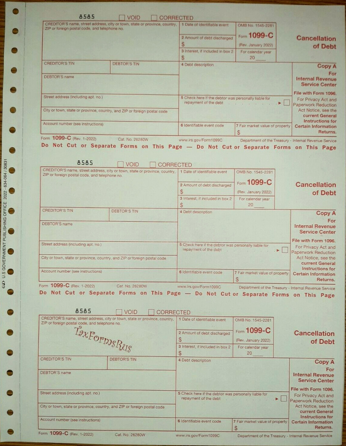 Undated IRS Tax Form 1099-C single sheet set for 3 debtors, carbonless 3-pt, 3UP